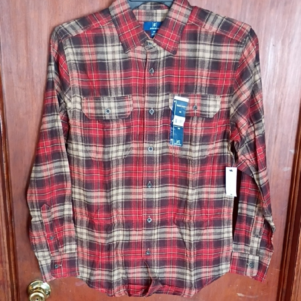 George Men's Red and Brown Plaid Button Down Shirt